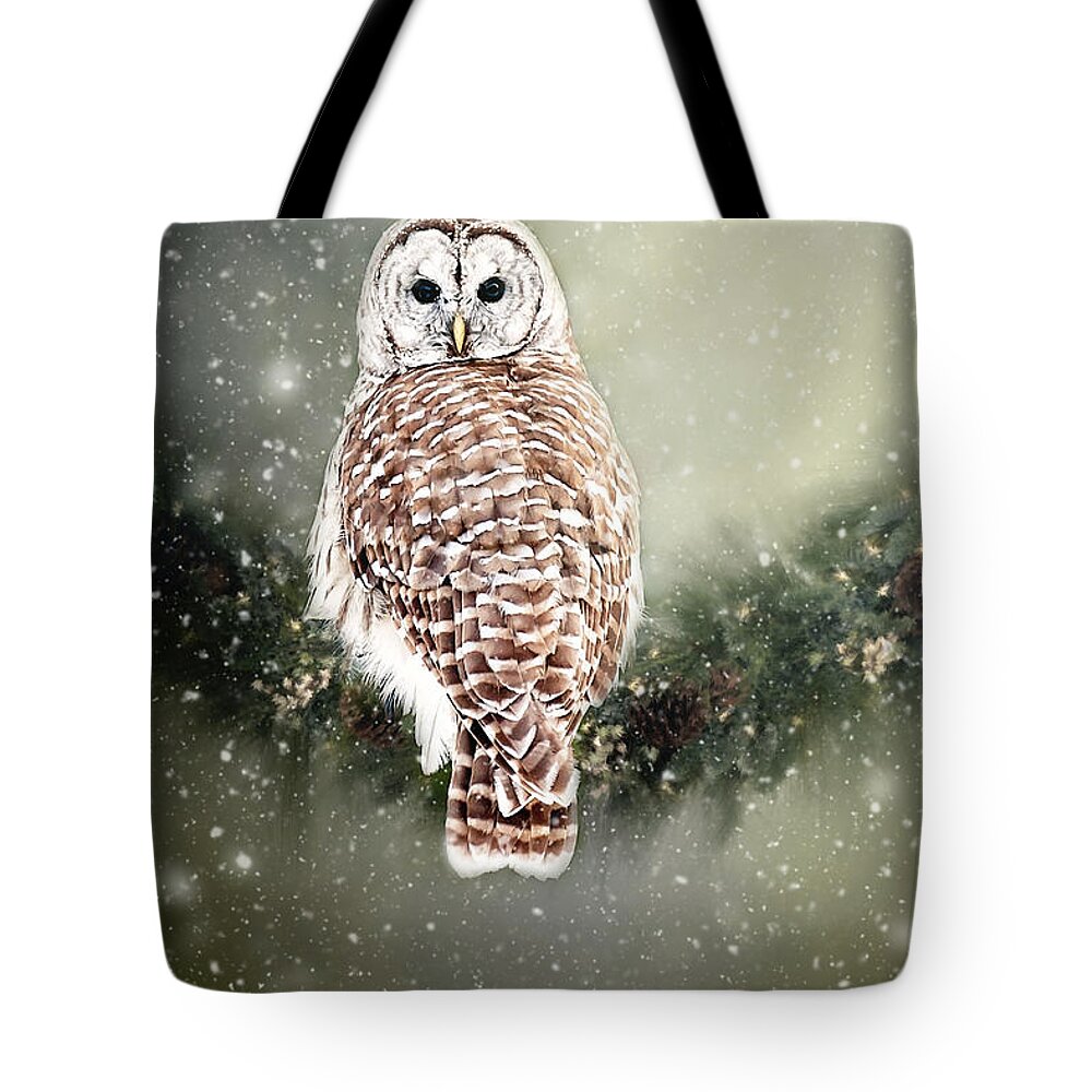 Barred Owl Print Tote Bag featuring the photograph Barred Owl in the Snow by Gwen Gibson