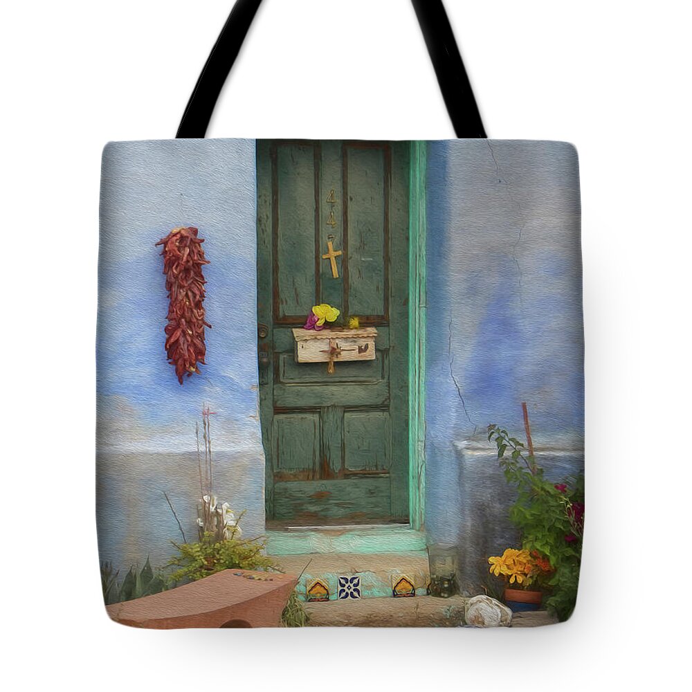 Architecture Tote Bag featuring the photograph Barrio Door Painted by Teresa Wilson