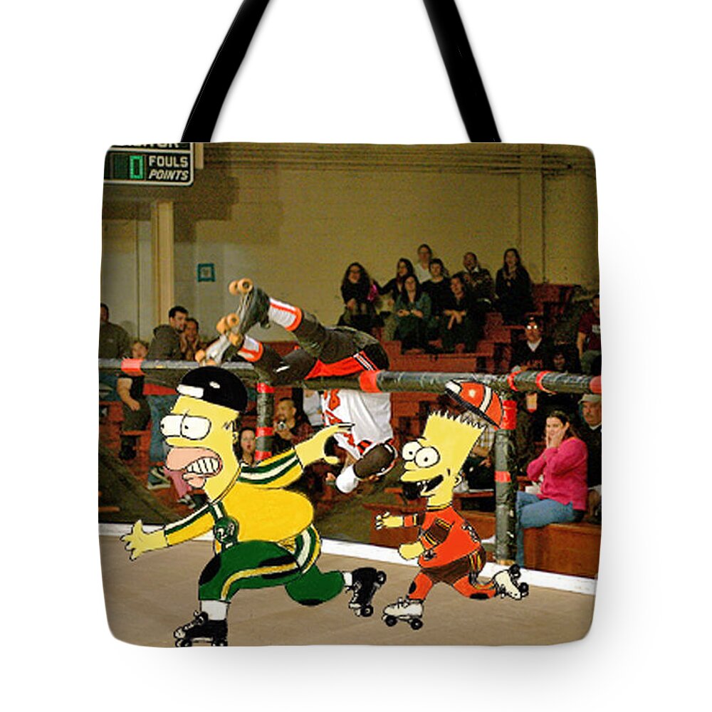 Jim Fitzpatrick Tote Bag featuring the digital art Bart vs Homer Simpson at the Roller Derby by Jim Fitzpatrick