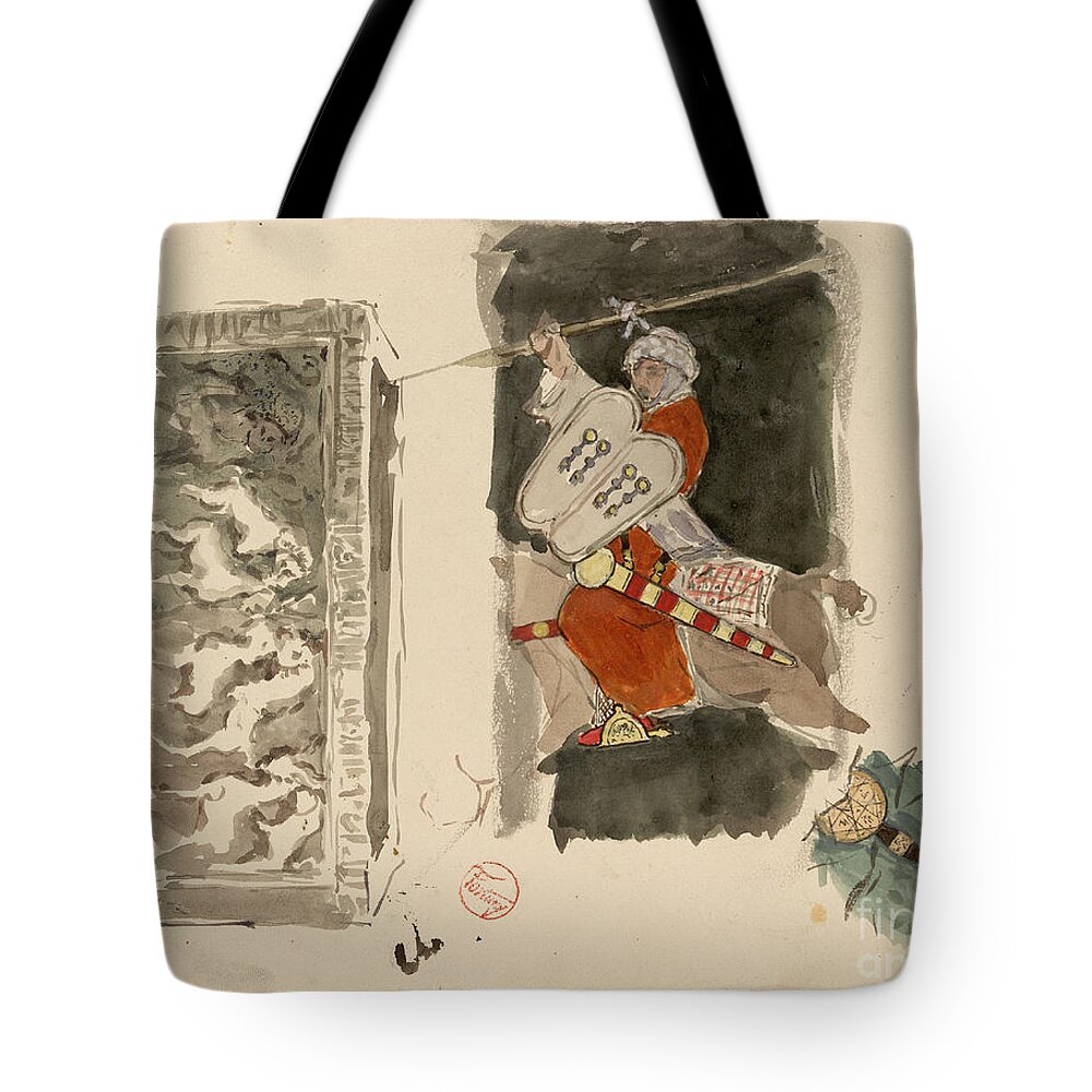Maria Fortuny Tote Bag featuring the painting Bas relief and Muslim horse rider by MotionAge Designs