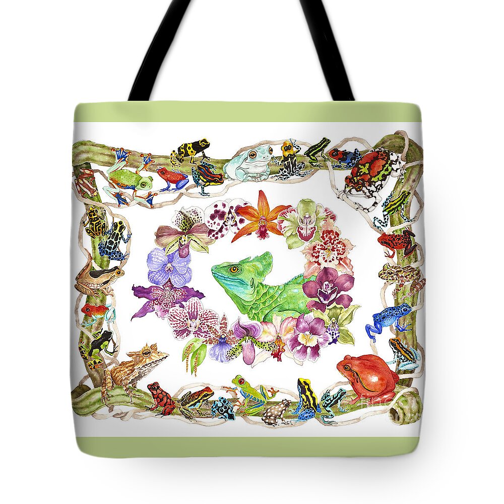Frogs Tote Bag featuring the painting Basilisk, Orchids, Frogs by Lucy Arnold