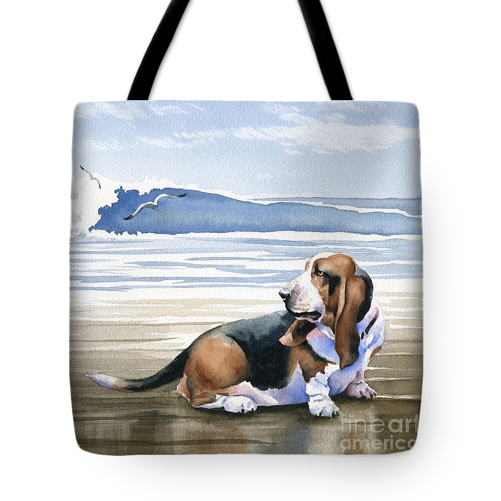 Basset Hound Tote Bag featuring the painting Basset Hound At The Beach by David Rogers
