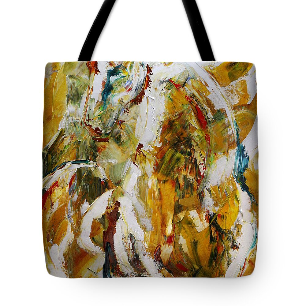Horse Paintings Tote Bag featuring the painting Bathed in Gold by Laurie Pace