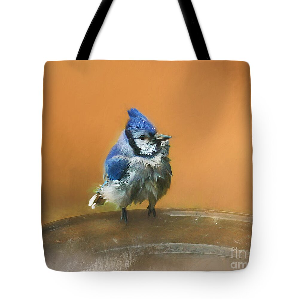 Blue Jay Tote Bag featuring the photograph Bathing Blue Jay by Clare VanderVeen