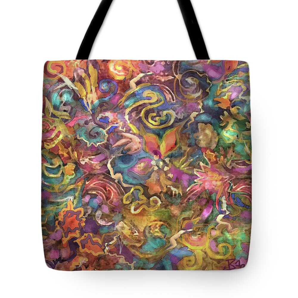 Color Burst Tote Bag featuring the digital art Pattern - Batik Colorburst by Jean Batzell Fitzgerald