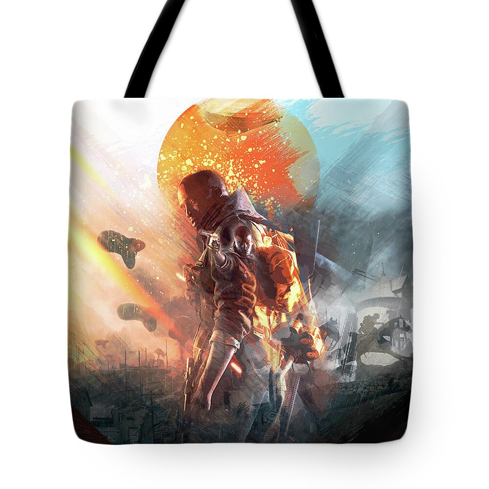 Battlefield Tote Bag featuring the digital art Battlefield Poster by IamLoudness Studio