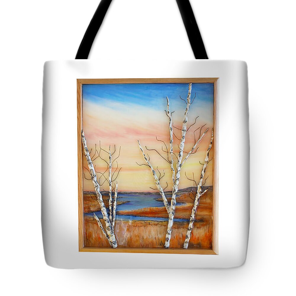 Birch Bay Ocean Tide Coastal Fall Winter Sky Tote Bag featuring the mixed media Bay Birch by Daniel Dubinsky