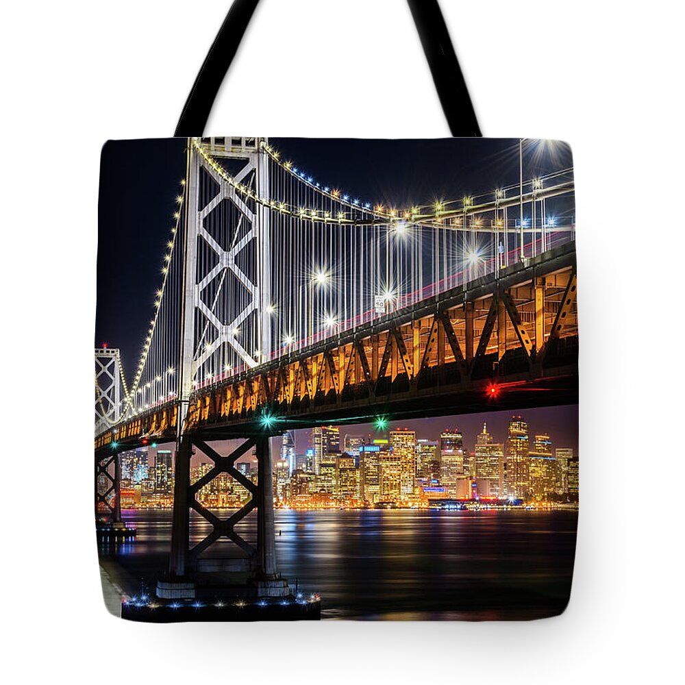 Bay Area Tote Bag featuring the photograph Bay Bridge and San Francisco By Night 10 by Jason Chu