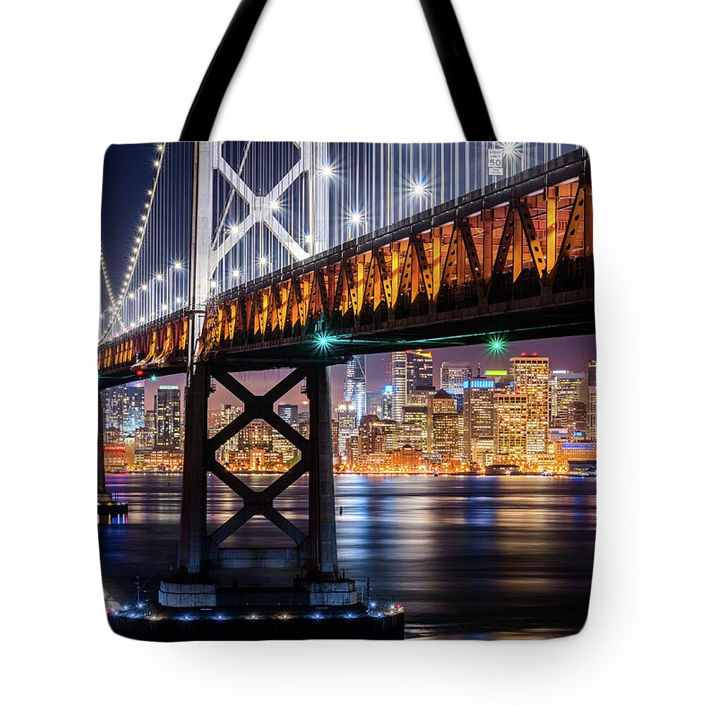 Bay Area Tote Bag featuring the photograph Bay Bridge and San Francisco By Night 11 by Jason Chu