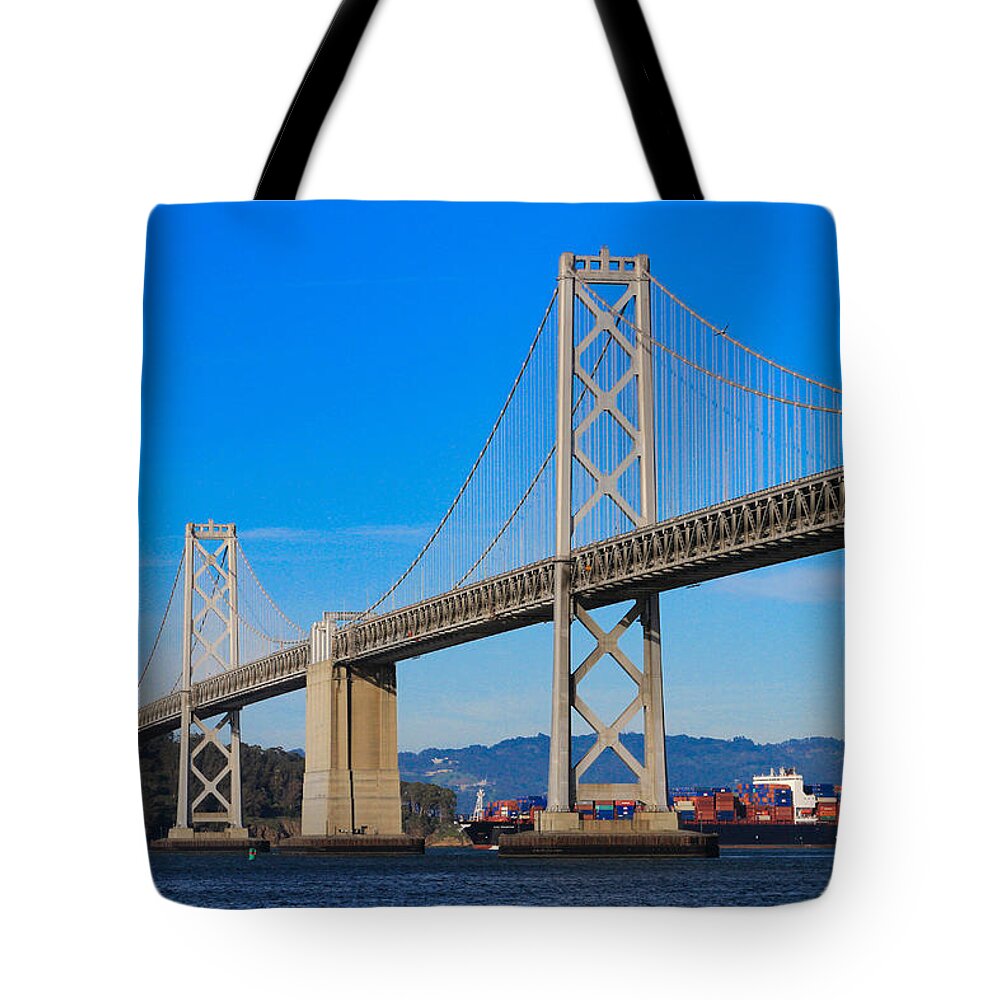 Bonnie Follett Tote Bag featuring the photograph Bay Bridge with APL Houston by Bonnie Follett