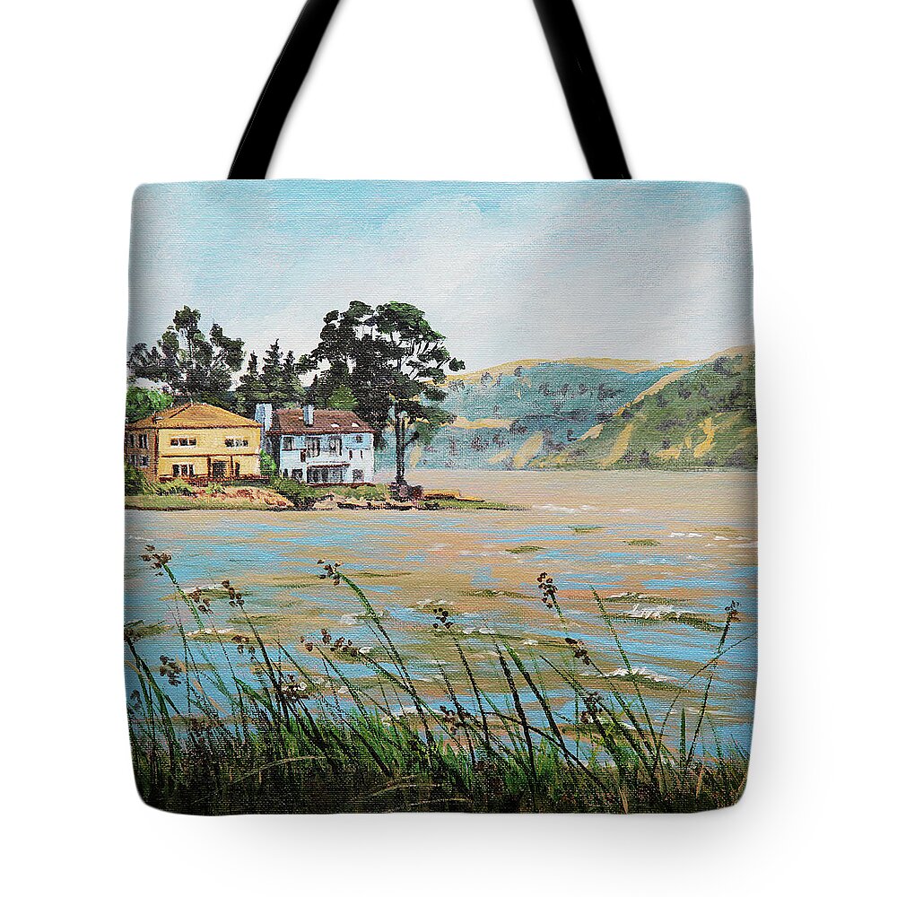 Buildings Tote Bag featuring the painting Bay Scenery with Houses by Masha Batkova