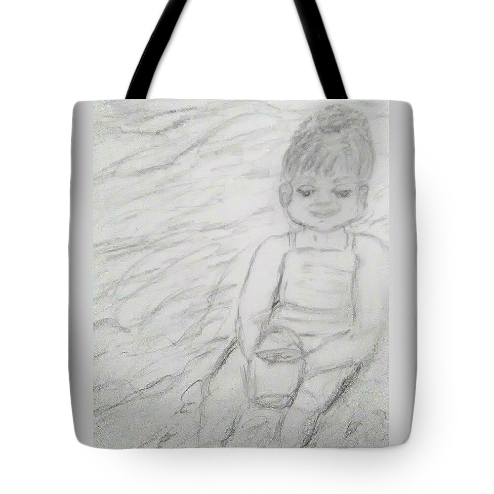 Children Tote Bag featuring the drawing  Beach Baby by Suzanne Berthier