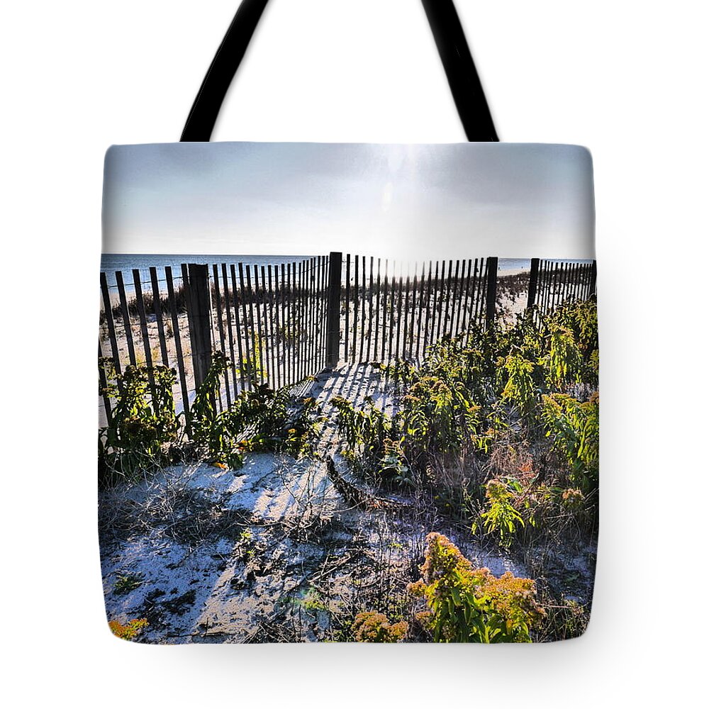 Beach Tote Bag featuring the photograph Beach Flowers Before the Fence by Jack Riordan