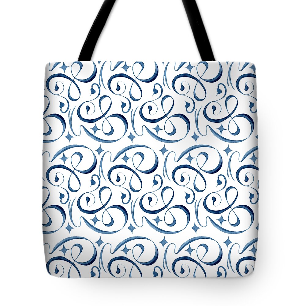 Indigo Blue Tote Bag featuring the painting Beach House Indigo Star Swirl Scroll Pattern by Audrey Jeanne Roberts