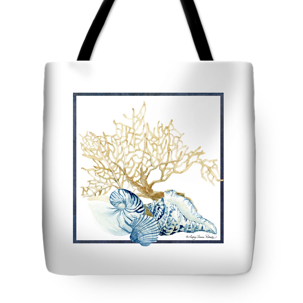 Sea Tote Bag featuring the painting Beach House Nautilus Scallop n Conch with Tan Fan Coral by Audrey Jeanne Roberts