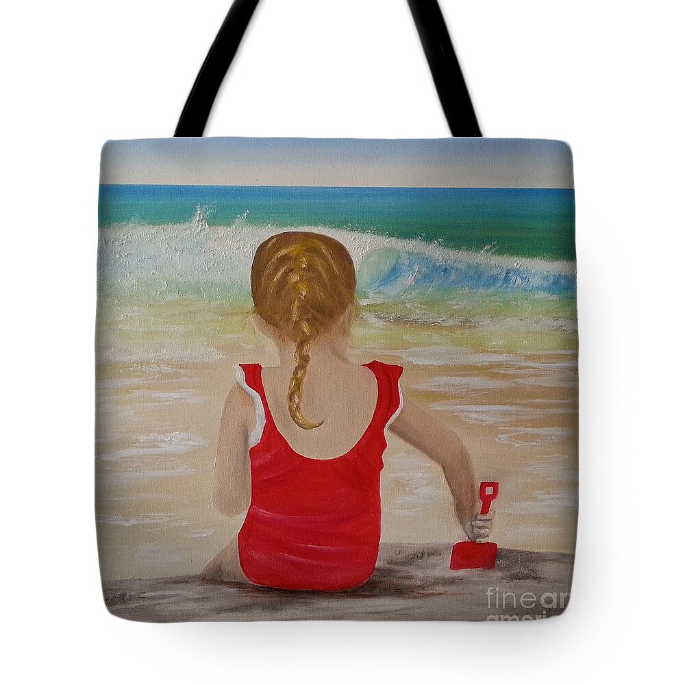 Girl At Beach Tote Bag featuring the painting Beach Play by Bev Conover