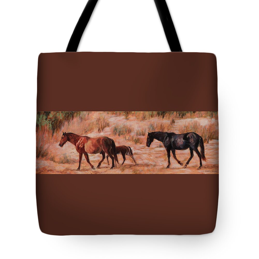 Group Of Horses Tote Bag featuring the painting Beach Ponies - Wild horses in the dunes by Bonnie Mason