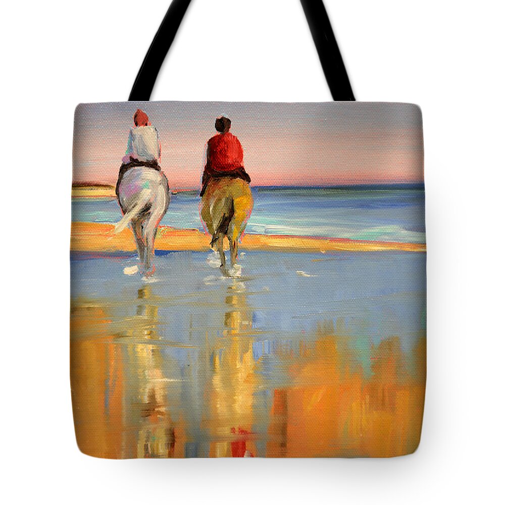 Beach Tote Bag featuring the painting Beach Riders by Trina Teele