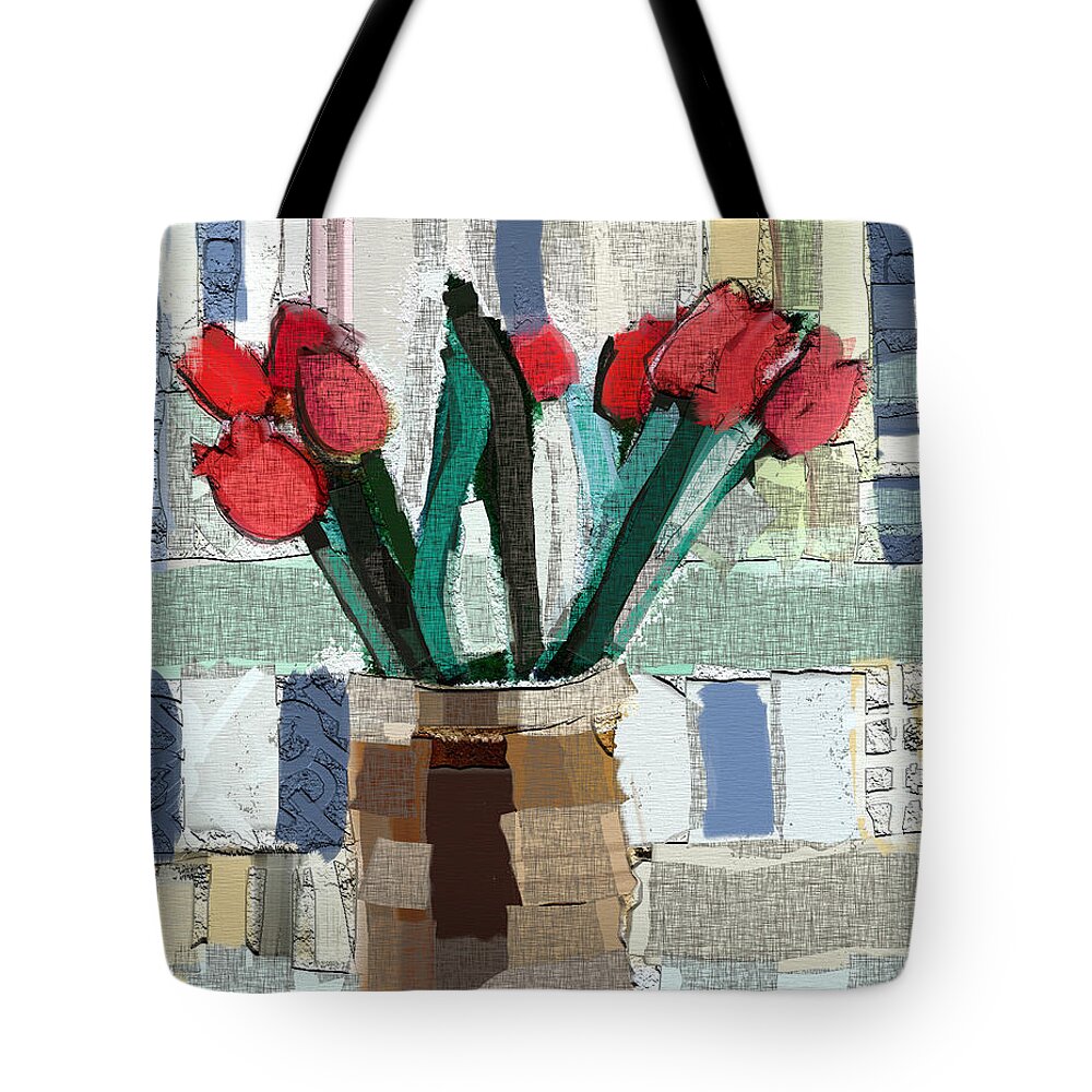 Bright Tote Bag featuring the painting Beach Tulips by Carrie Joy Byrnes