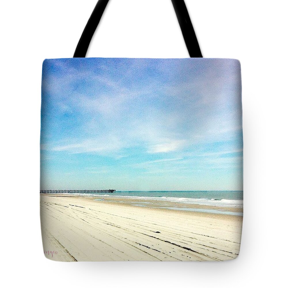 Beach Tote Bag featuring the photograph Beach Scene with Pink Clouds and Pier by Inge Lewis
