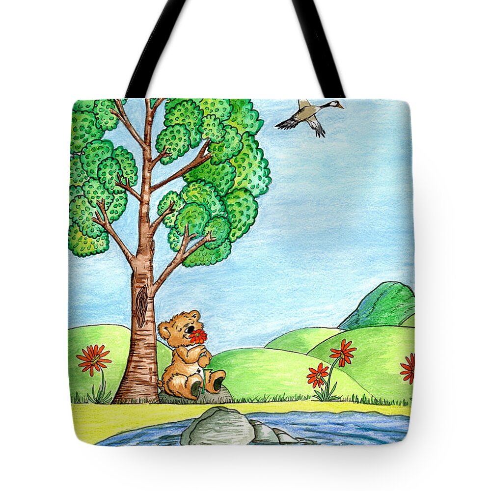 Bear Tote Bag featuring the painting Bear With Flowers by Christina Wedberg