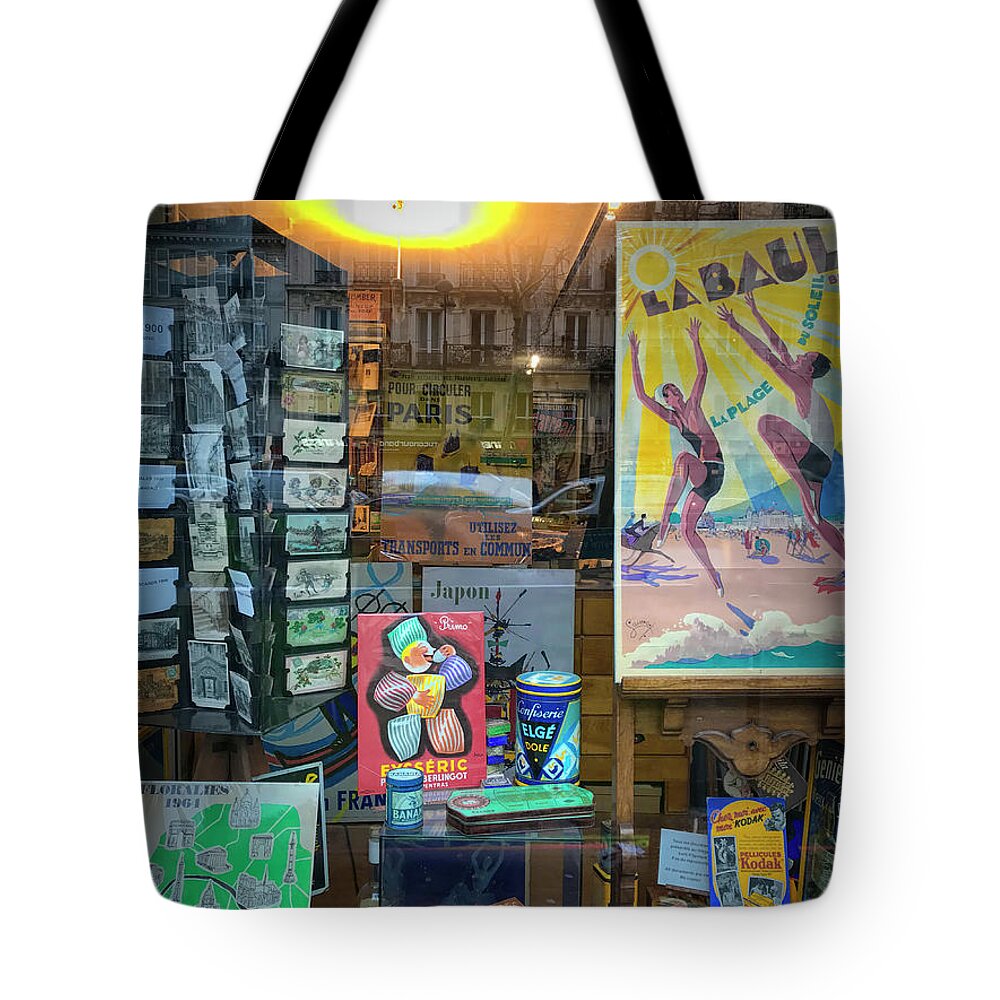 Beaumarchais Poster Shop Tote Bag featuring the photograph Beaumarchais Poster Shop by Jessica Levant