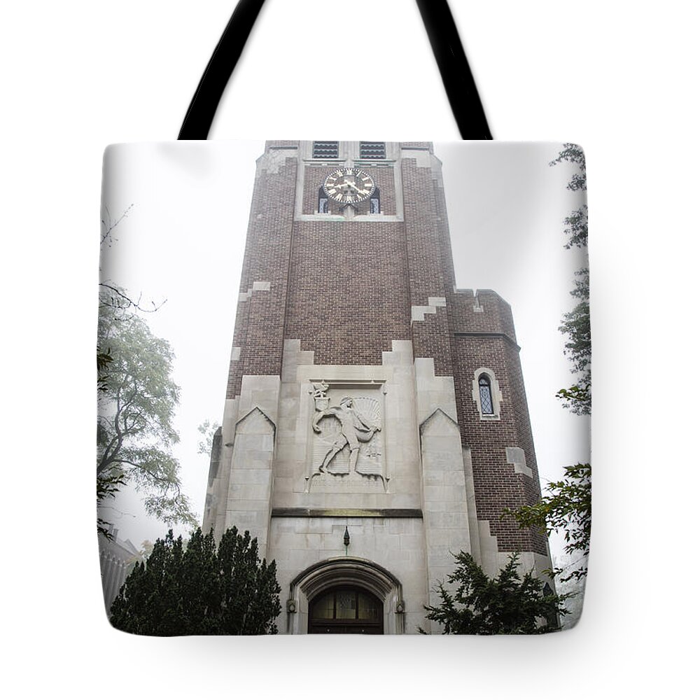 Beaumont Tower Tote Bag featuring the photograph Beaumont Tower in the fog by John McGraw