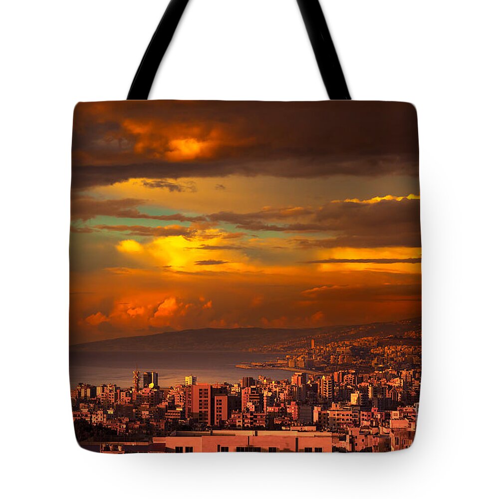 Bay Tote Bag featuring the photograph Beautiful coastal city on sunset by Anna Om