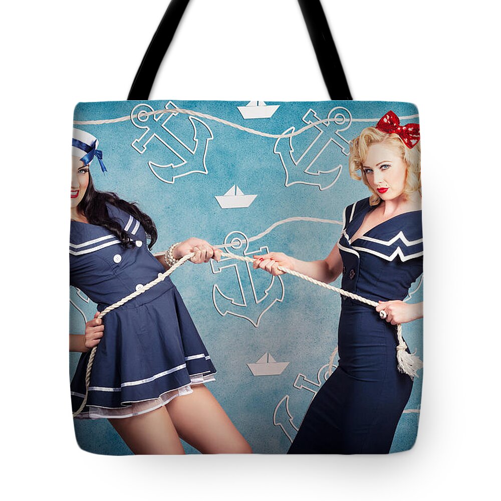 Retro Tote Bag featuring the digital art Beautiful navy pinup girls on marine background by Jorgo Photography