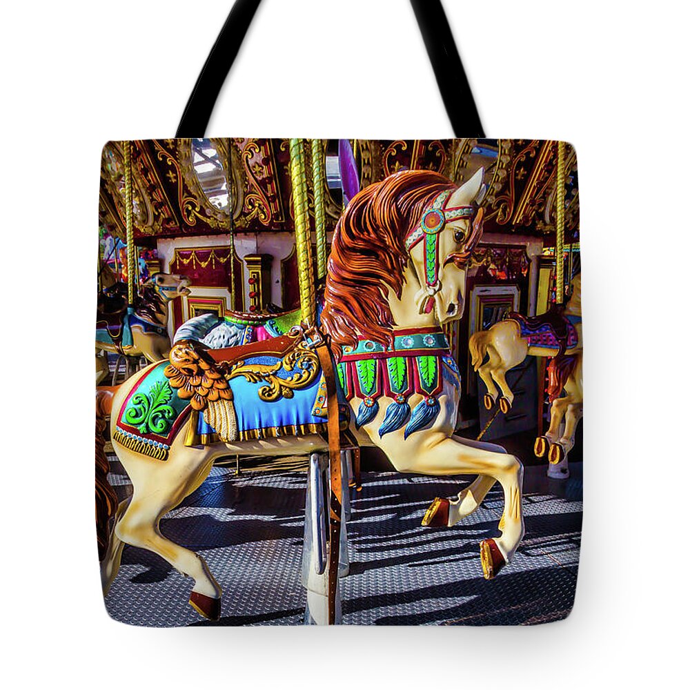 Magical Carousels Tote Bag featuring the photograph Beautiful Prancing Carrousel Horse by Garry Gay