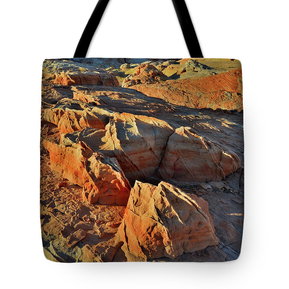 Valley Of Fire State Park Tote Bag featuring the photograph Beautiful Sandstone Shapes at Sunrise in Valley of Fire by Ray Mathis