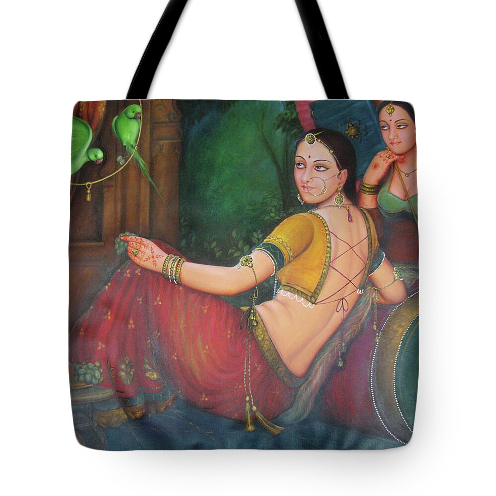 Beautiful Woman Princess Artistic Designer Art Parrot Oil Painting On Canvas Hot Indian Lady Tote Bag featuring the painting Beautiful Woman Princess Artistic Designer Art Parrot Oil Painting On Canvas by M B Sharma