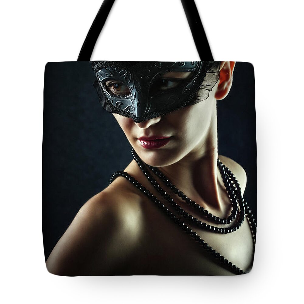 Fashion Tote Bag featuring the photograph Beautiful Woman Wearing Venetian Carnival Mask by Dimitar Hristov