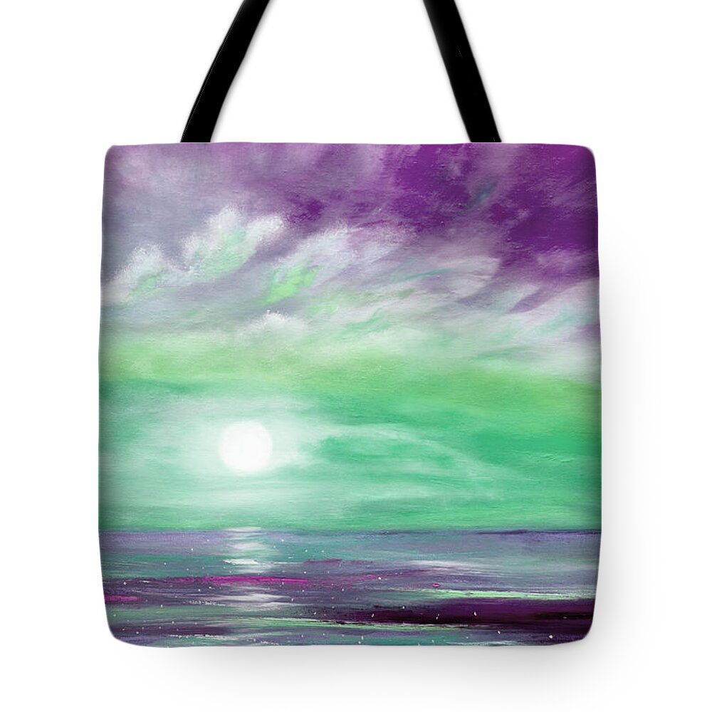 Sunset Tote Bag featuring the painting Because You Deserve Color - Vertical Purple and Green Sunset by Gina De Gorna