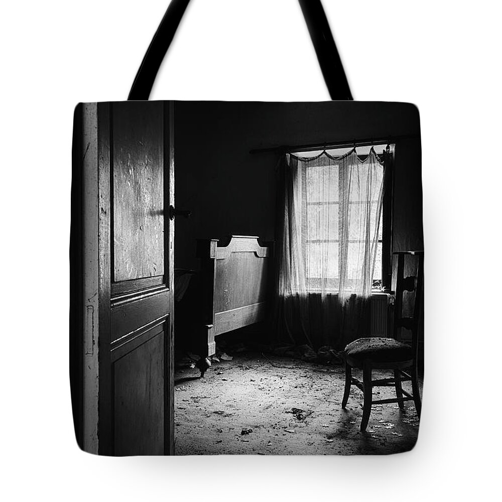 Bed Room Tote Bag featuring the photograph Bed Room Chair - Abandoned Building by Dirk Ercken