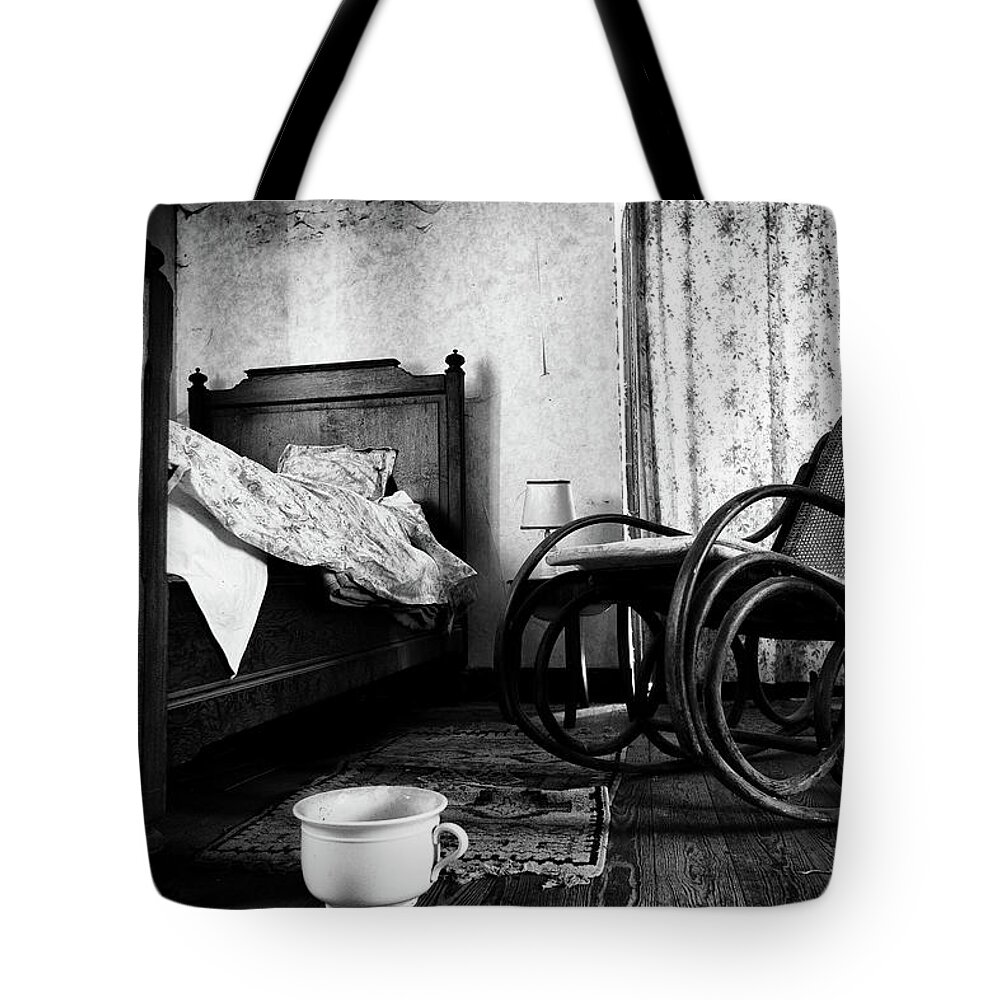Bed Room Rocking Chair Abandoned Building Bw Tote Bag For Sale