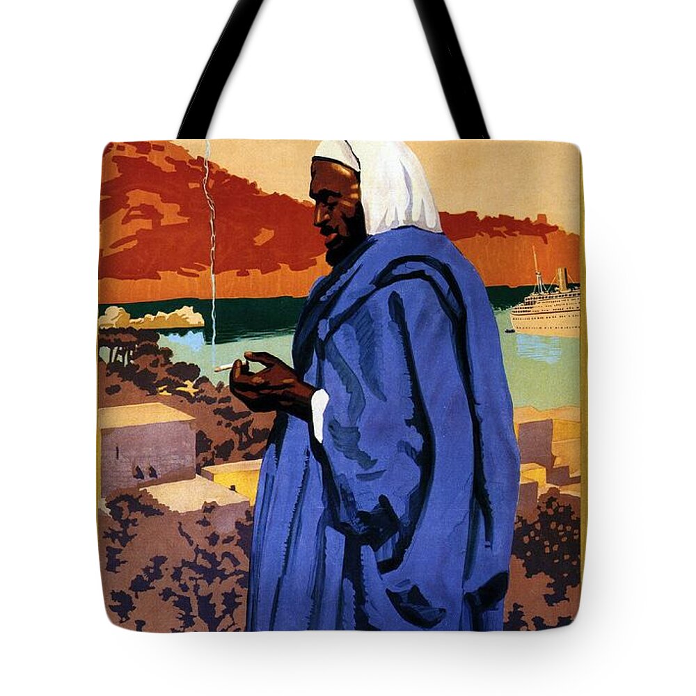 Canadian Pacific Tote Bag featuring the painting Bedouin in a blue robe smoking cigarette - Vintage Advertising Poster for Canadian Pacific Steamship by Studio Grafiikka