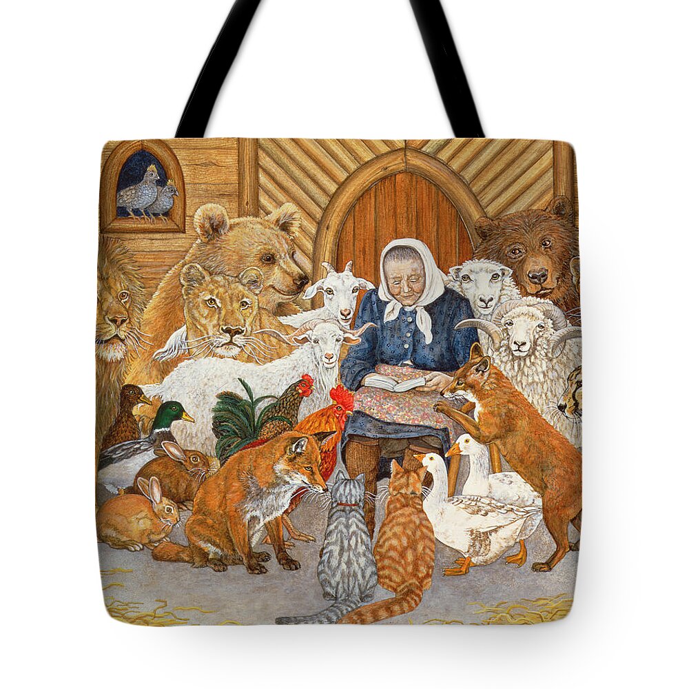 Old Woman Tote Bag featuring the painting Bedtime Story on the Ark by Ditz