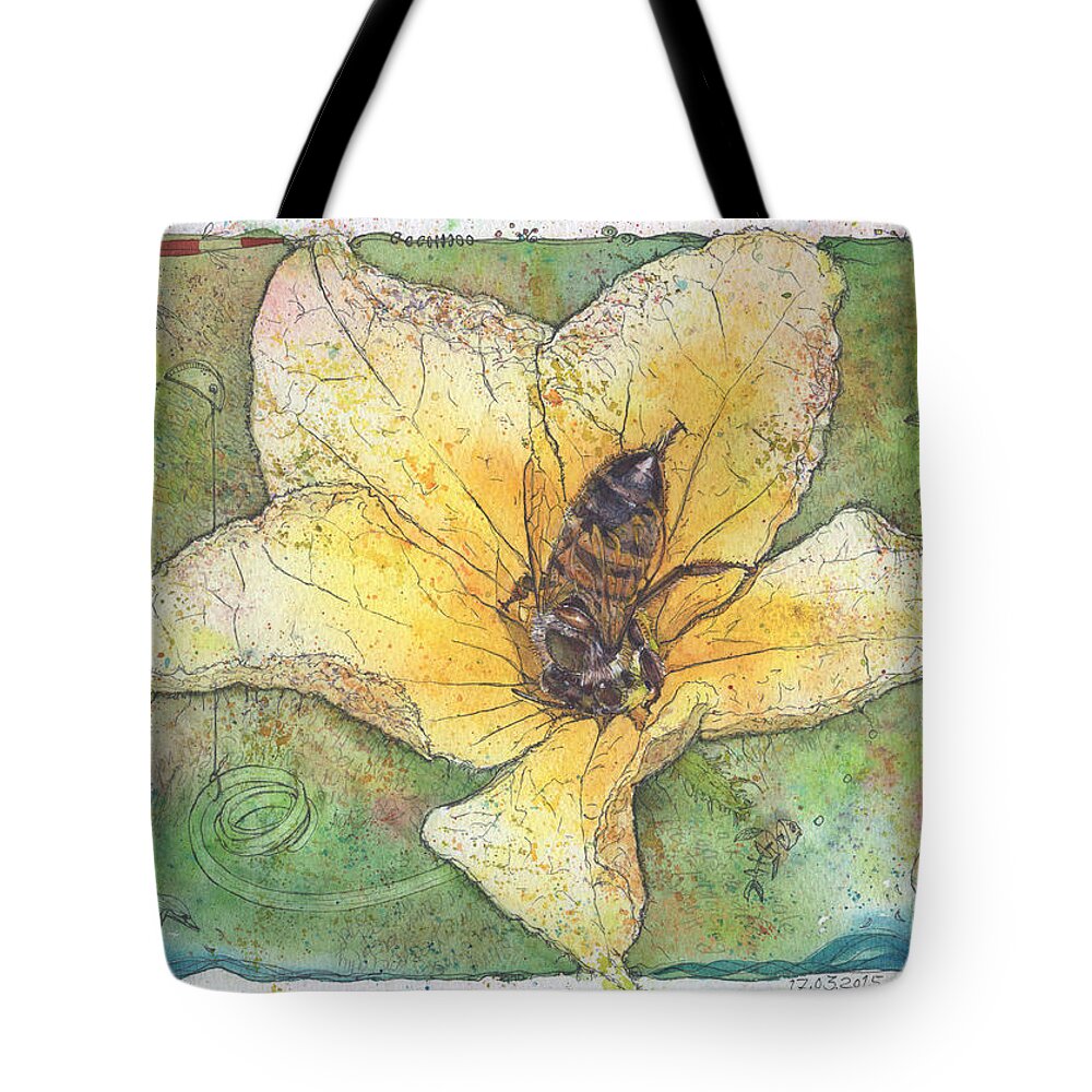 Bees Tote Bag featuring the painting Bee and Cucumber-Flower by Petra Rau