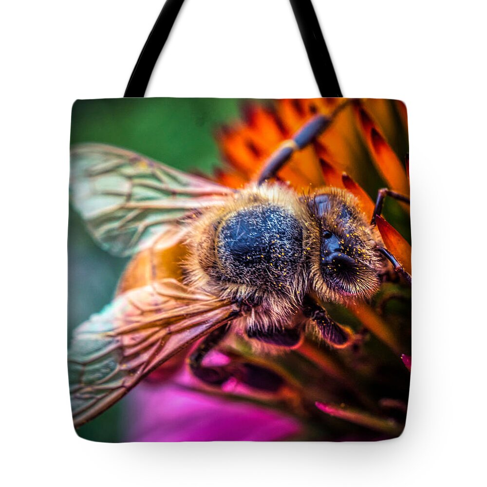 Bee On The Flower Tote Bag featuring the photograph Bee close up by Lilia S
