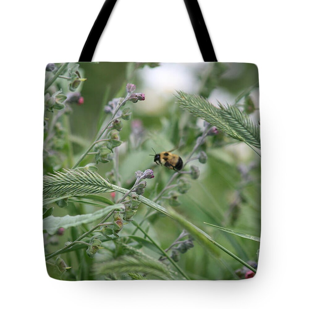 Bee Tote Bag featuring the photograph Bee in Flight by Mary Mikawoz