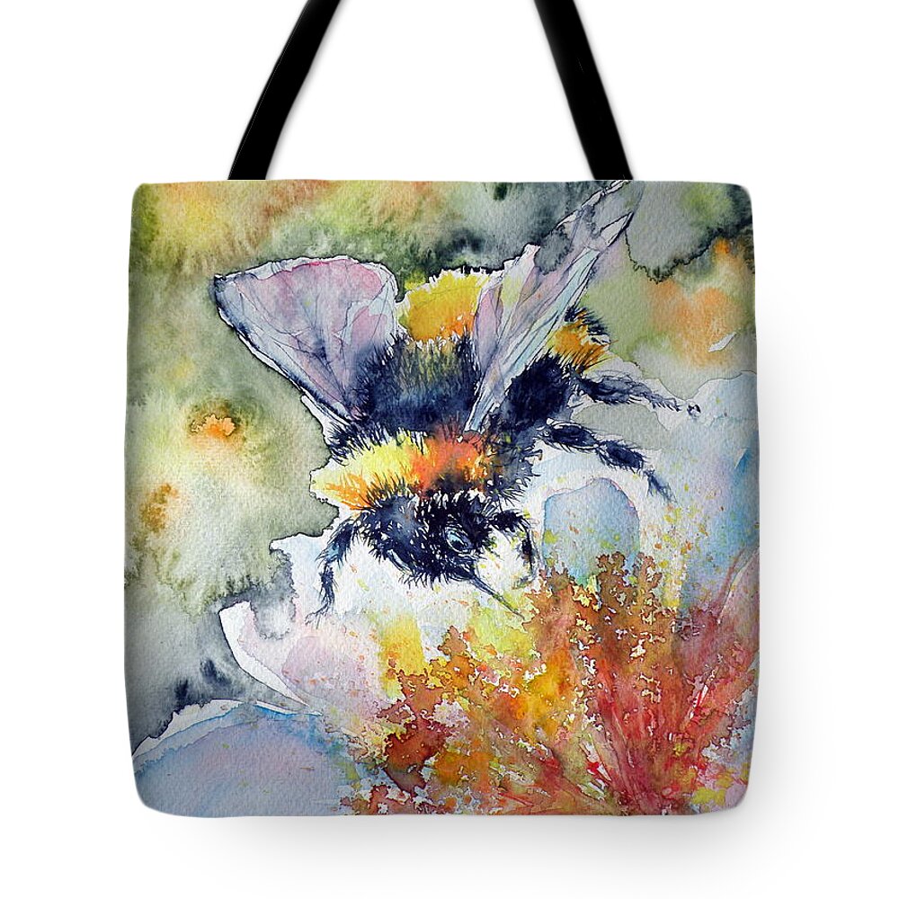 Bee Tote Bag featuring the painting Bee on flower by Kovacs Anna Brigitta