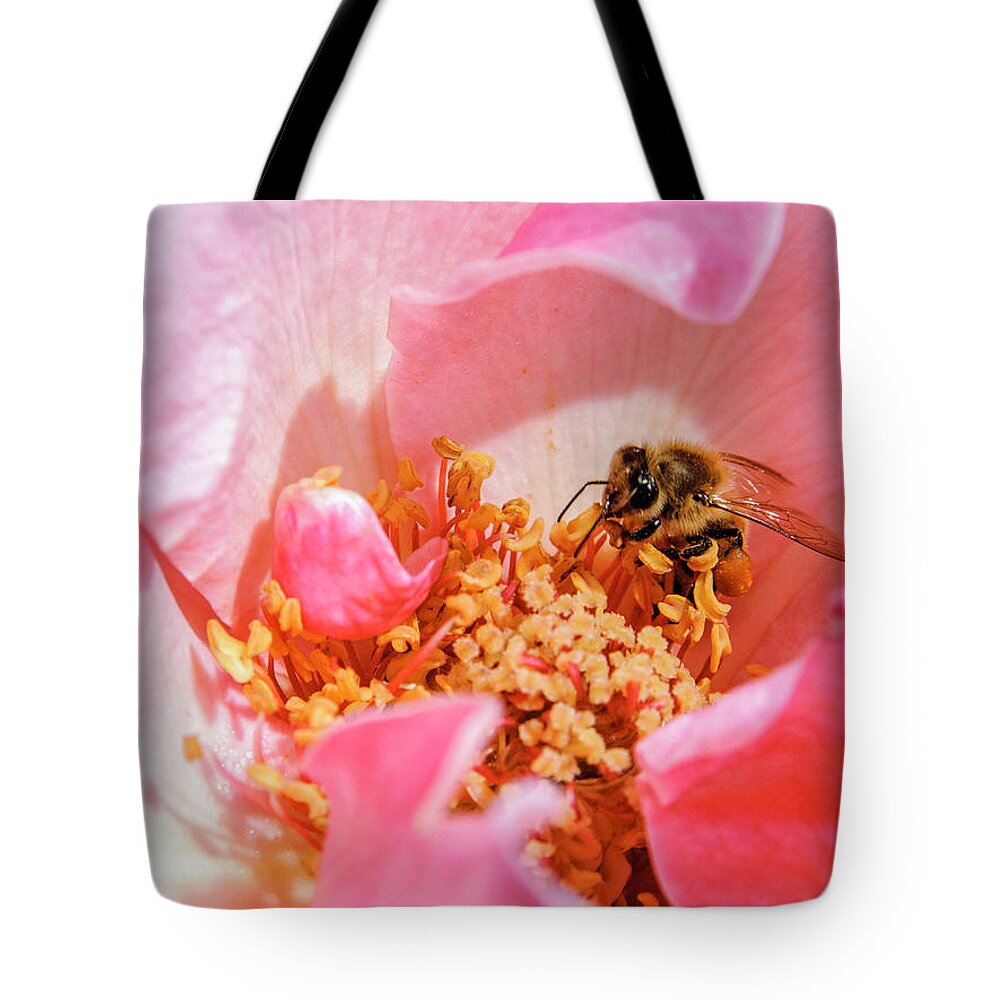 Red Flower Tote Bag featuring the photograph Bee Red.... by Paul Vitko