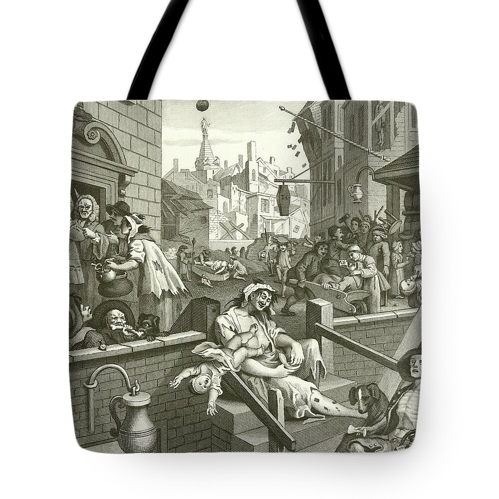 Hogarth Tote Bag featuring the drawing Beer Street and Gin Lane by William Hogarth