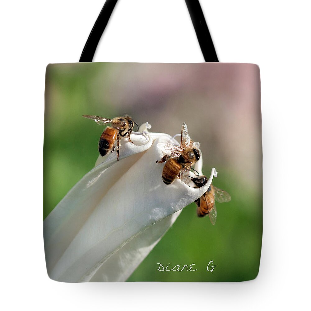  Angel Trumpet Tote Bag featuring the photograph Bees on Angel Trumpet by Diane Giurco