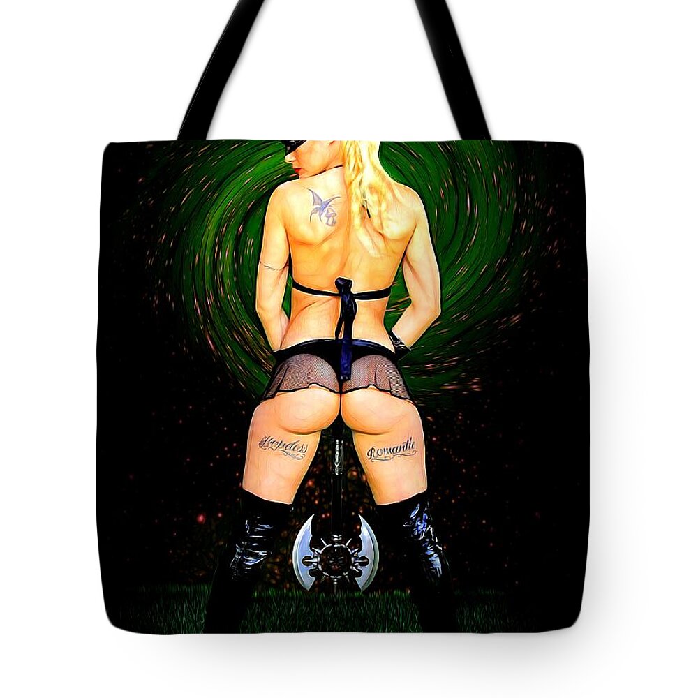 Fantasy Tote Bag featuring the painting Behind A Heroine With A Axe by Jon Volden