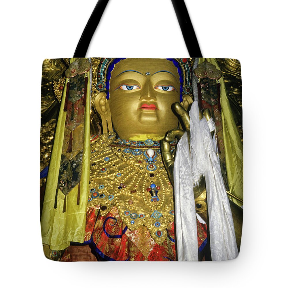 Tibet Tote Bag featuring the photograph Bejeweled Buddha by Michele Burgess