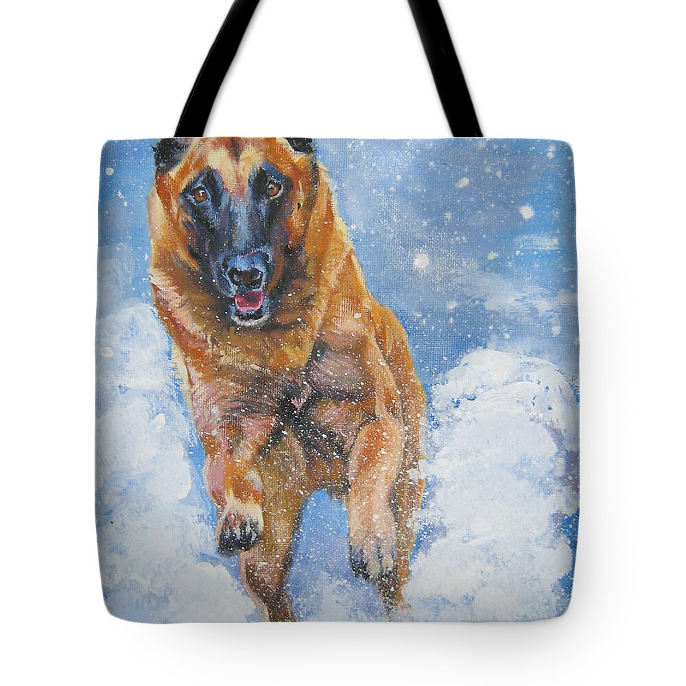 Belgian Malinois Tote Bag featuring the painting Belgian Malinois in Snow by Lee Ann Shepard