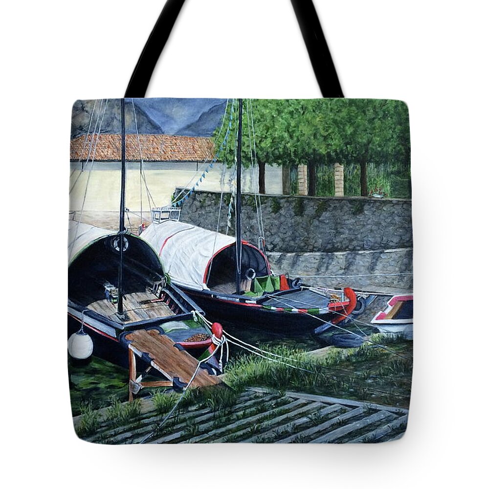 Bellagio Tote Bag featuring the painting Bellagio Boats by Bonnie Peacher