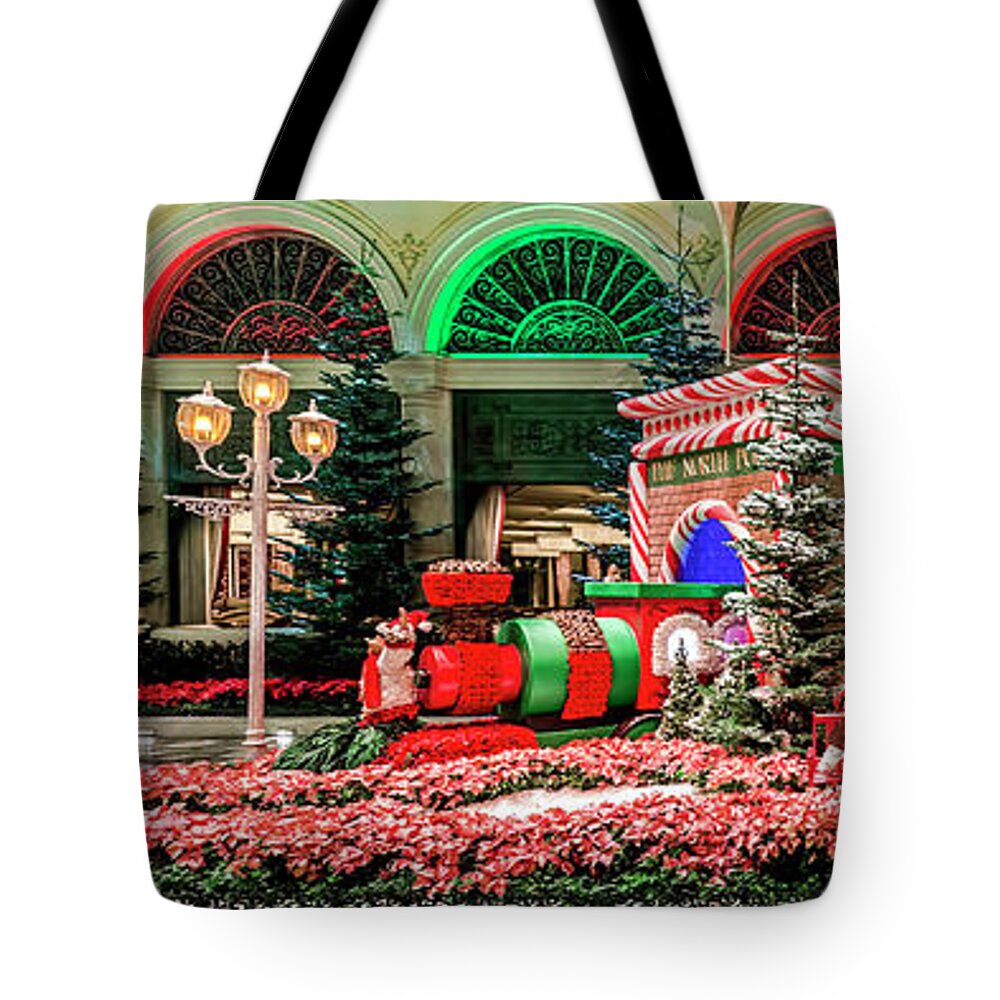Bellagio Christmas Tree Tote Bag featuring the photograph Bellagio Christmas Train Decorations Panorama 2017 by Aloha Art